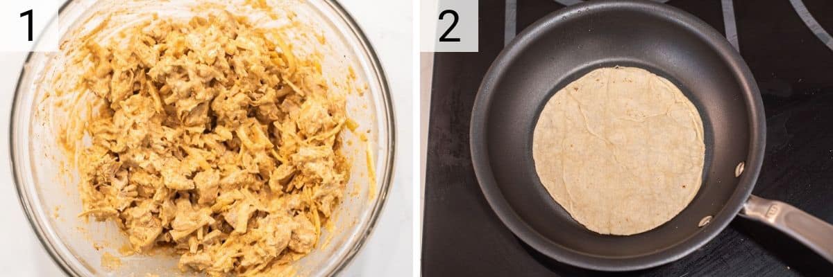 process shots of mixing chicken with rest of ingredients and warming tortilla in skillet