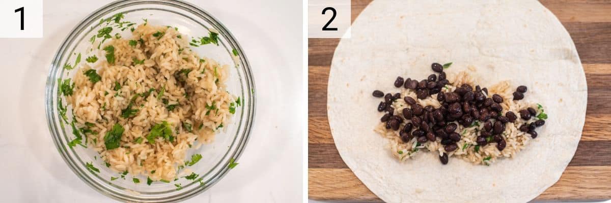 process shots of mixing rice with cilantro and adding rice and black beans to tortilla