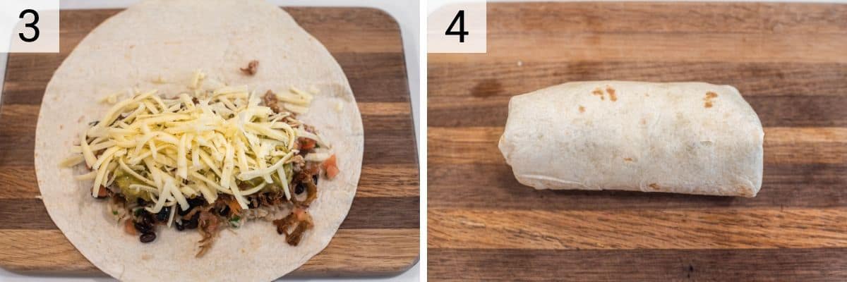 process shots of adding remaining ingredients to tortilla and rolling up like a burrito