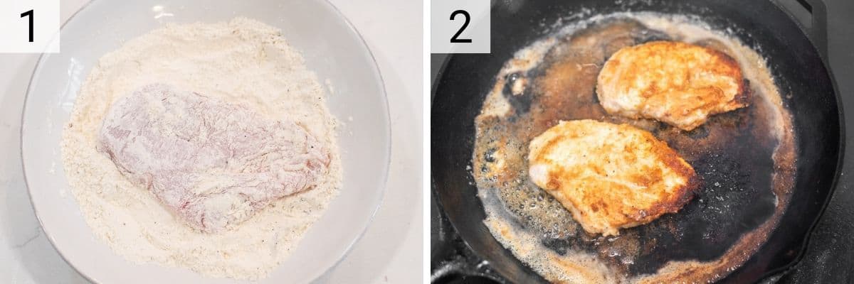process shots of tossing chicken in flour and cooking in skillet