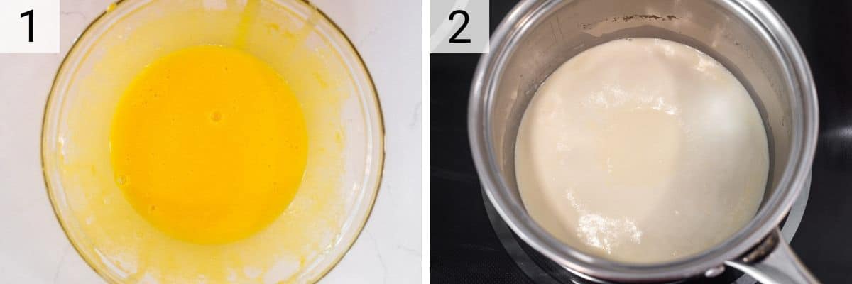 process shots of whisking eggs and heating up cream in pan