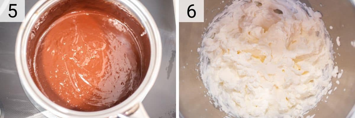 process shots of adding remaining ingredients to cream mixture and whipping cream in bowl