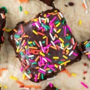 close-up overhead shot of a sprinkle brownie on parchment paper