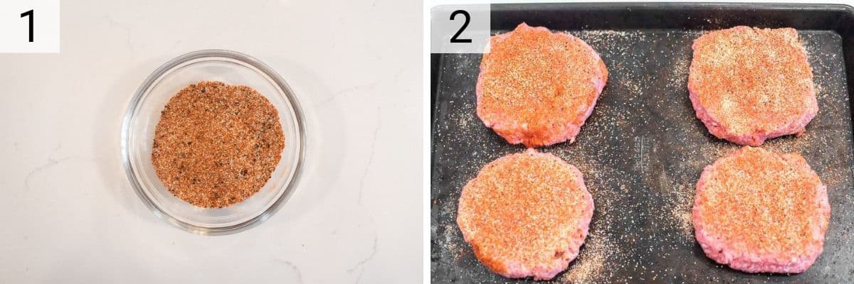 process shots of making seasoning mixture and forming burger patties