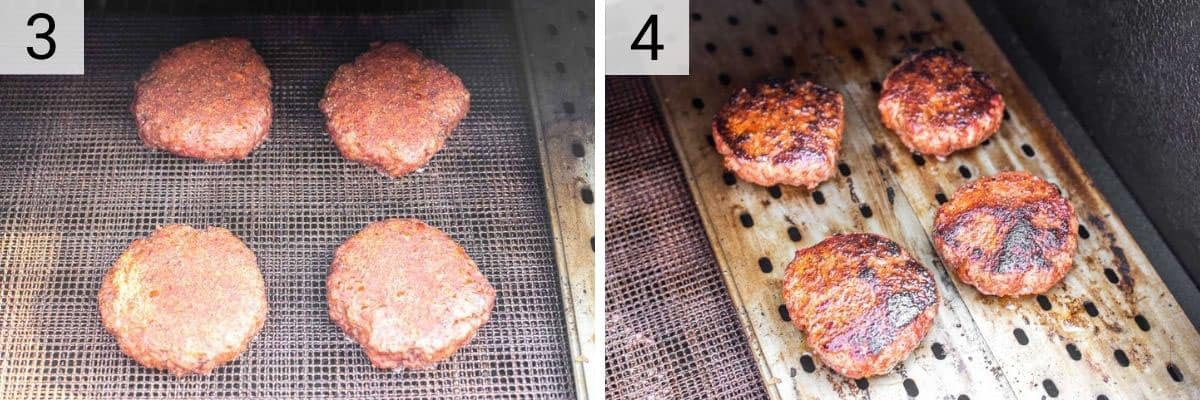 process shots of smoking burgers and then reverse searing