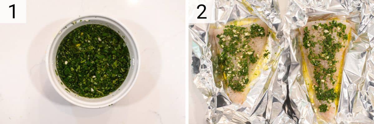 process shots of making sauce and adding over top of the fish in aluminum foil