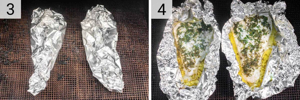 process shots of grilling fish in aluminum foil