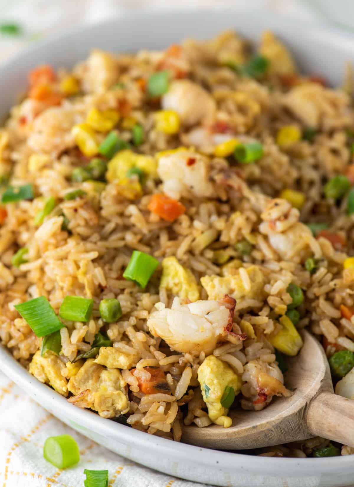 wooden spoon dipped into bowl of lobster fried rice