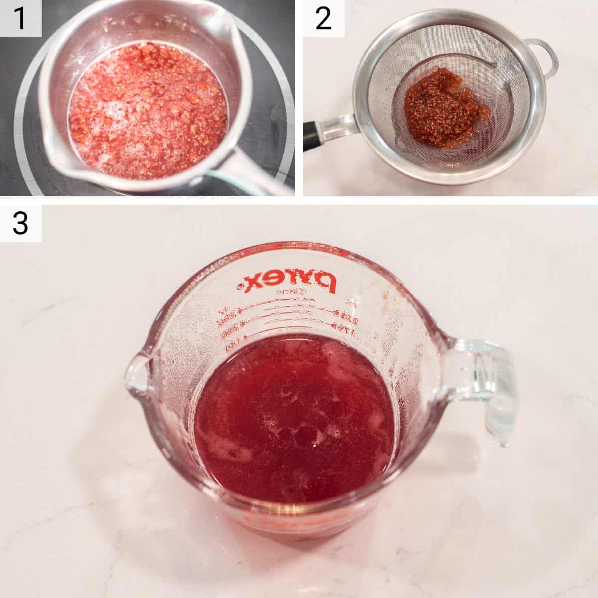 process shots of making raspberry syrup