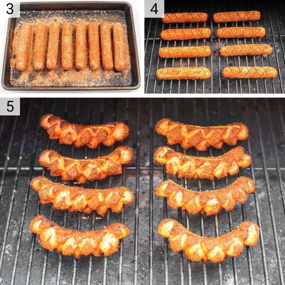 process shots of tossing hot dogs in spices and smoking