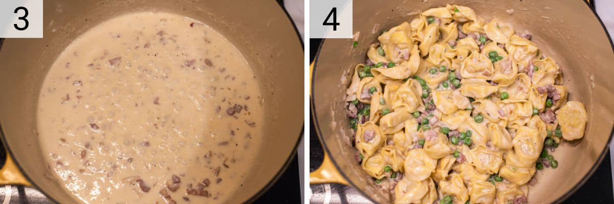 process shots of simmering cream before adding tortellini and peas