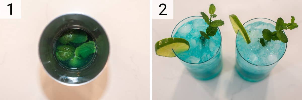 process shots for making a mojito with blue curacao