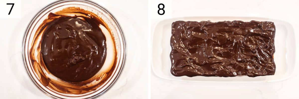 process shots of making ganache and topping cake with it