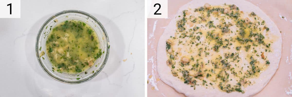 process shots of mixing garlic and butter with herbs and spreading on dough
