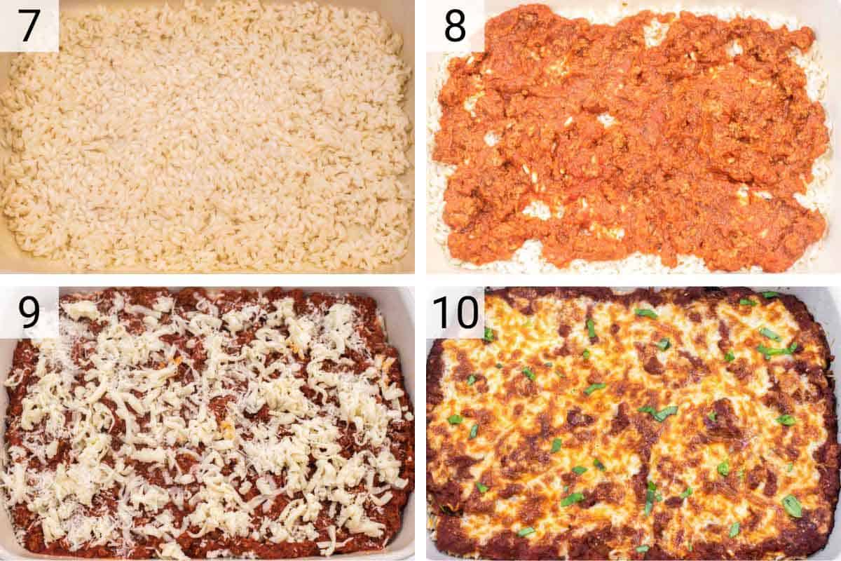 process shots of layering rice, meat sauce and cheese in baking dish and baking