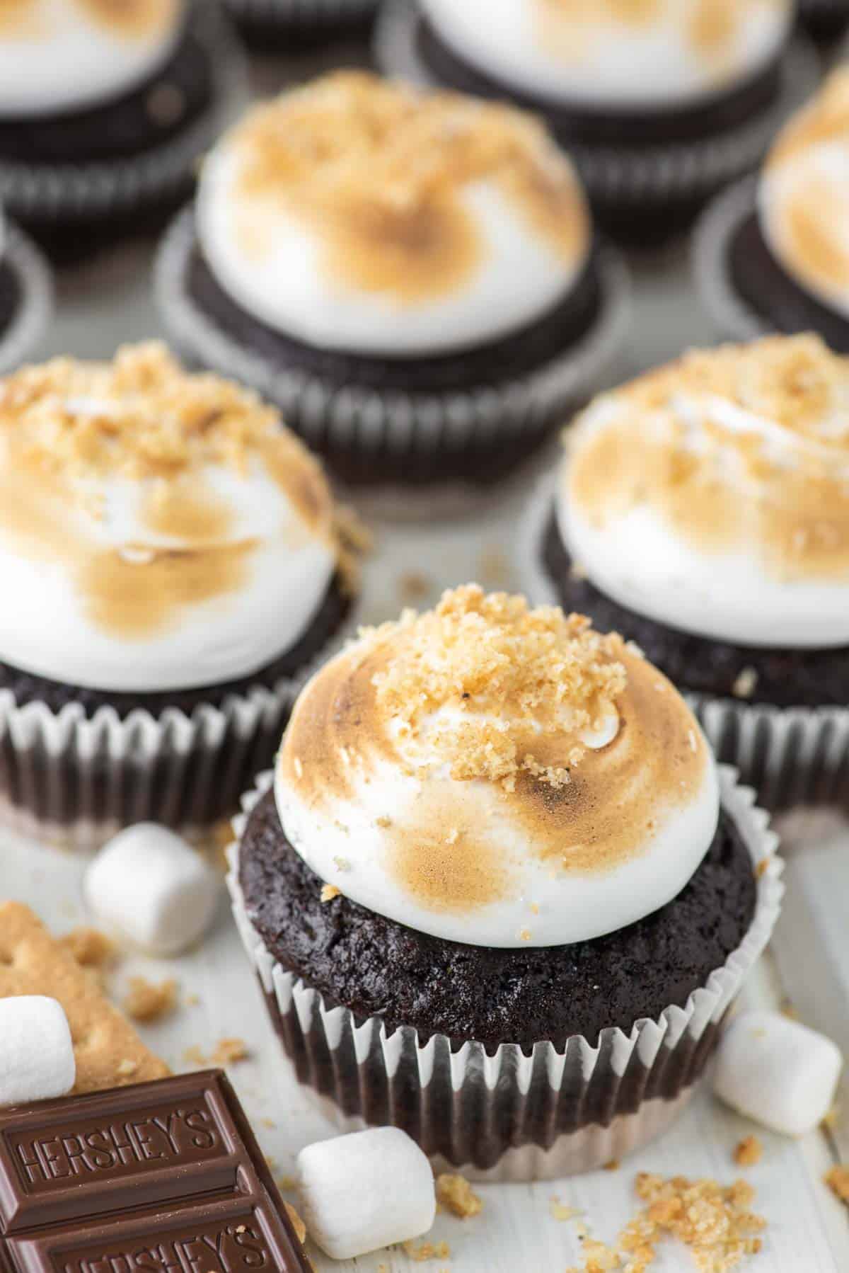 multiple s'mores cupcakes on white board
