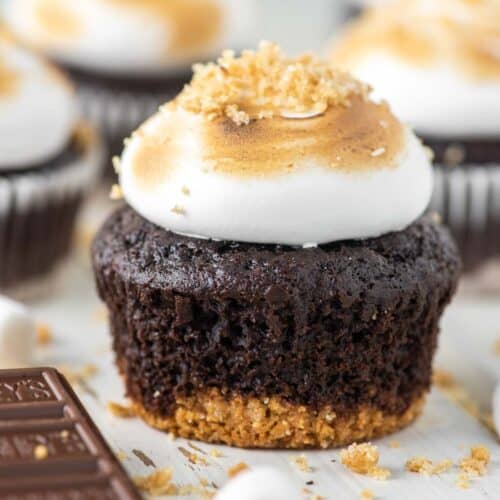 close-up of s'more cupcake with more in background