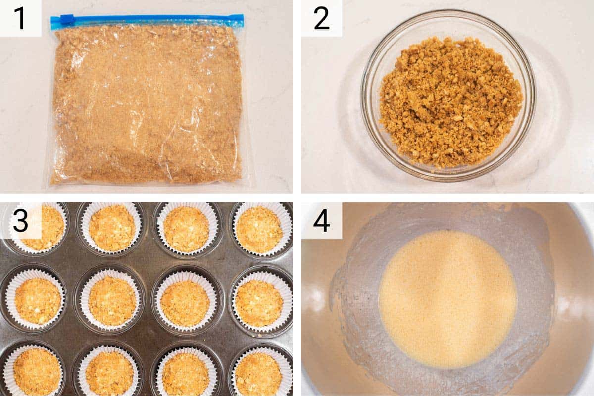 process shots of creating graham cracker crust, baking and mixing wet ingredients for cupcakes