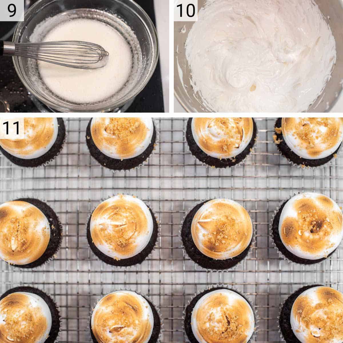process shots of making marshmallow frosting and decorating cupcakes