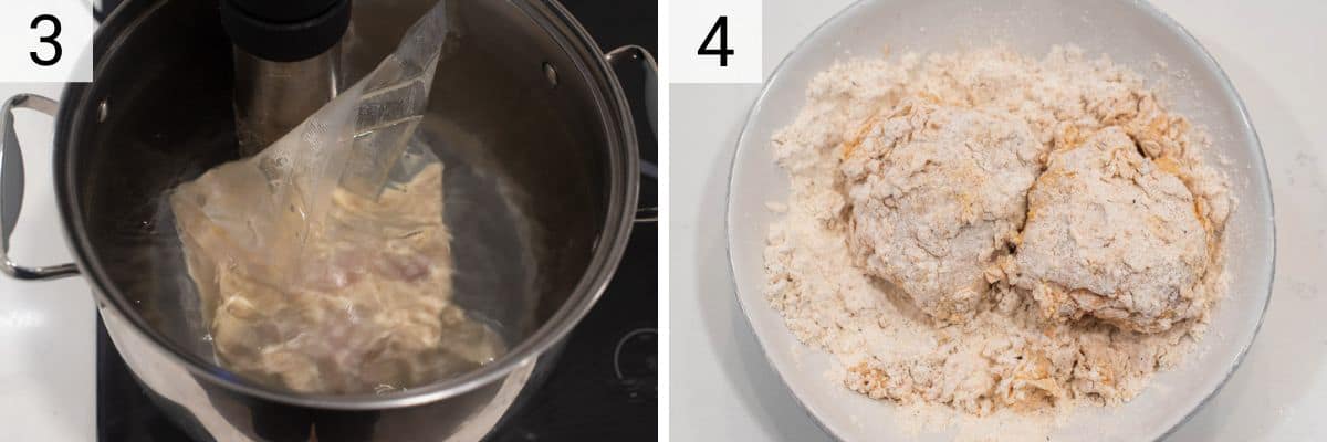 process shots of cooking chicken in sous vide and then coating in flour