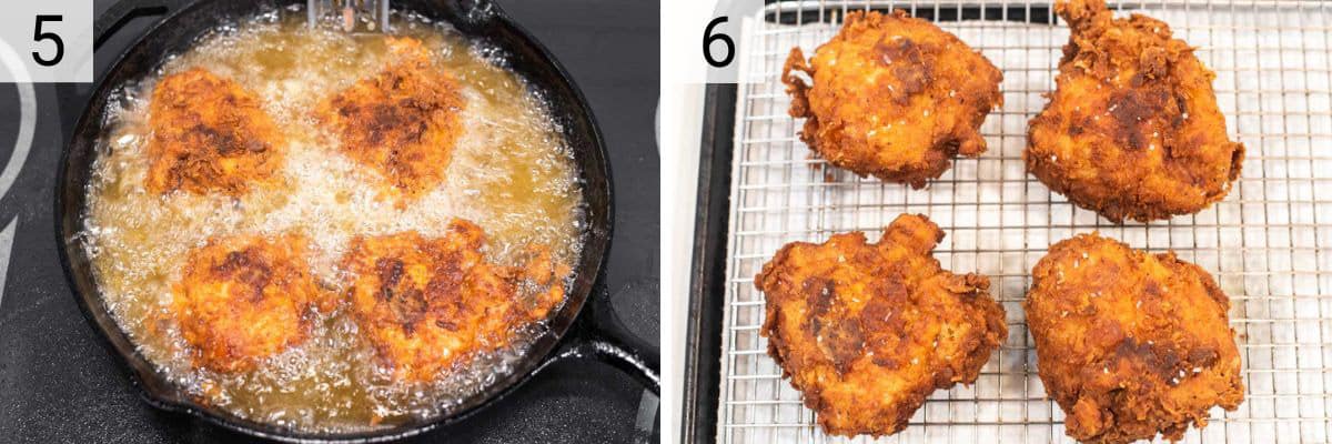 process shots of frying chicken and then adding salt when done