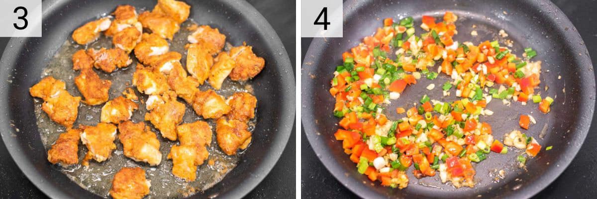 process shots of cooking chicken and cooking veggies in skillet