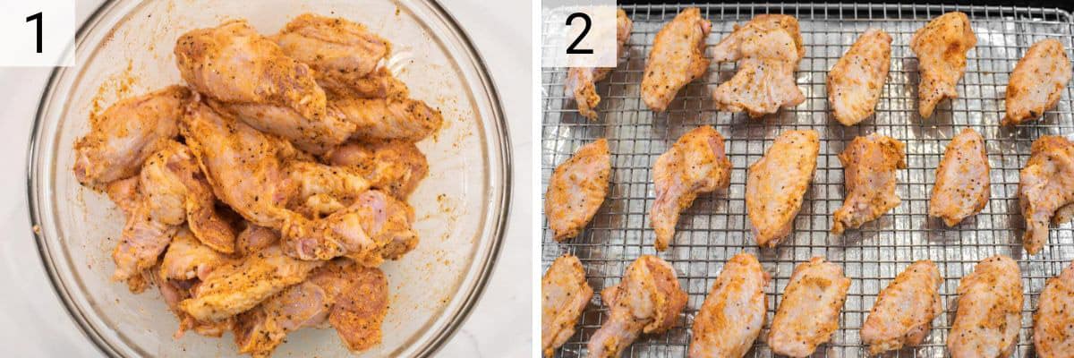 process shots of tossing chicken in spices and baking