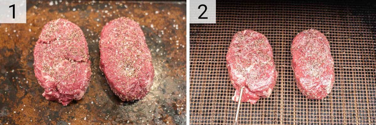 process shots of seasoning steak with salt and pepper and smoking on grill