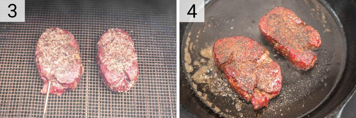 process shots of smoking steak and reverse searing on cast iron skillet