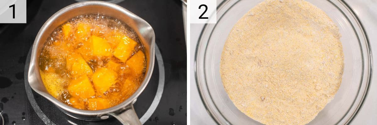 process shots of cooking sweet potatoes and mixing dry ingredients in bowl