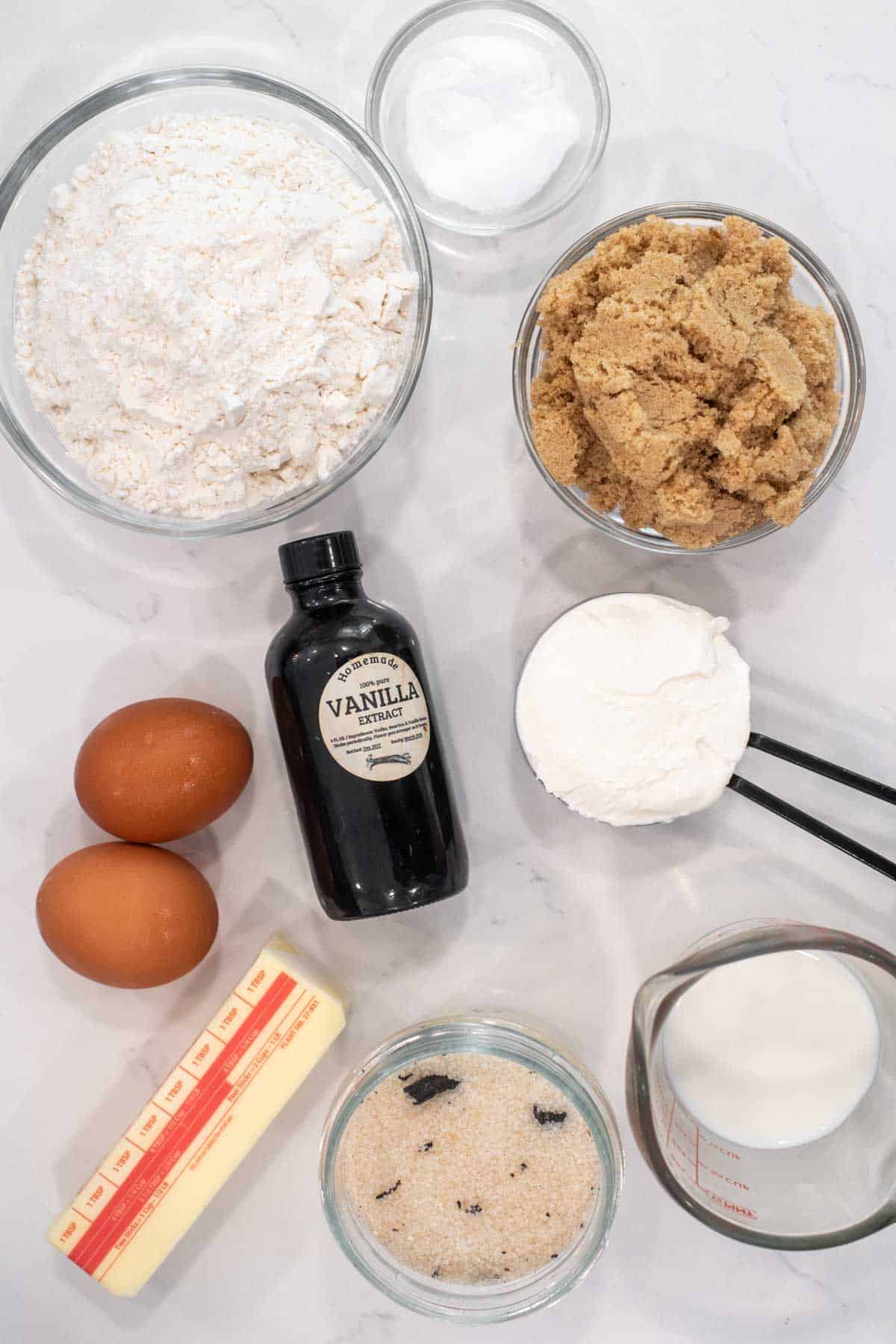 overhead shot of ingredients for vanilla muffins