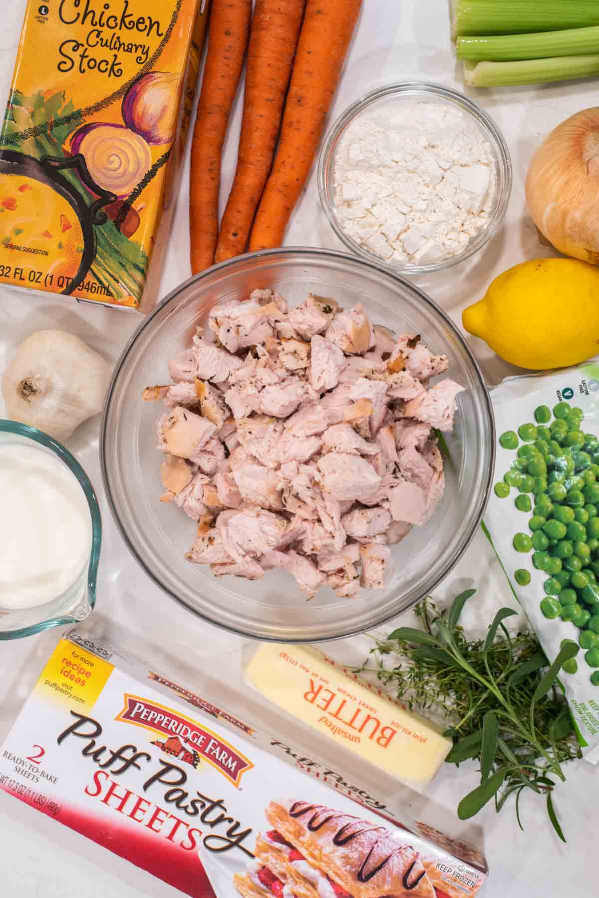 overhead shots of ingredients for turkey puff pastry pot pie