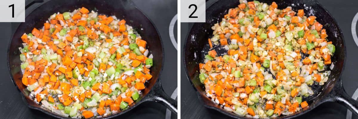 process shots of cooking mirepoix in skillet