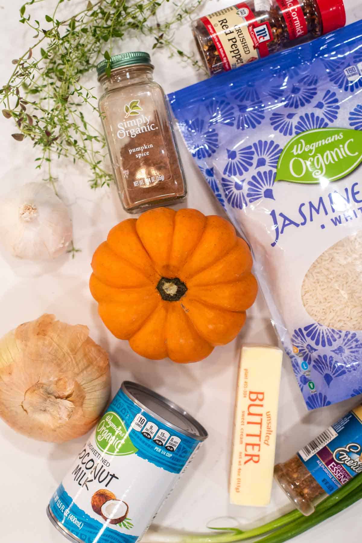 overhead shot of ingredients for pumpkin rice