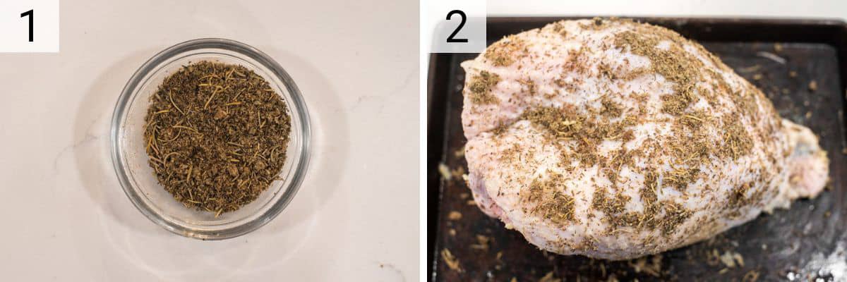 process shots of making rub seasoning in bowl and rubbing over turkey