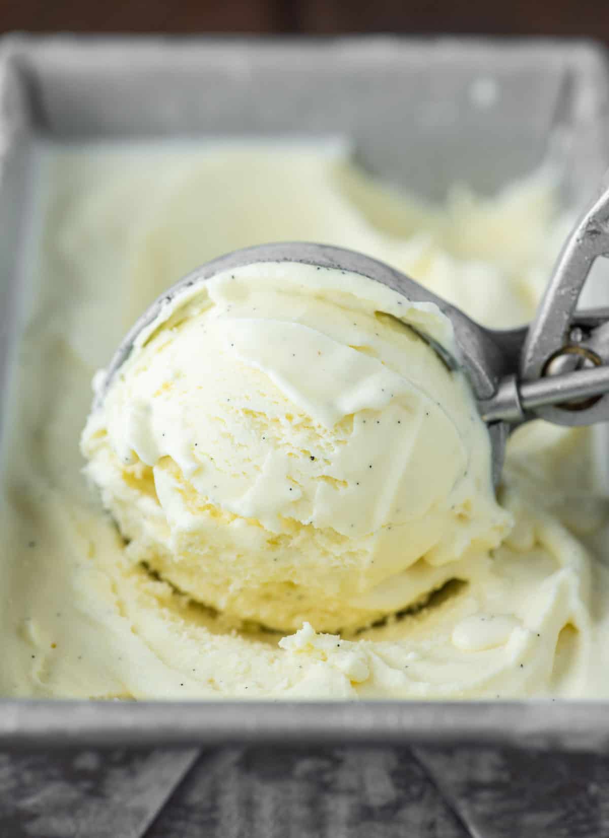 ice cream scoop scooping out vanilla bean ice cream from metal tin