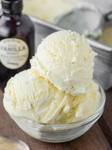 3 scoops of vanilla bean ice cream in bowl