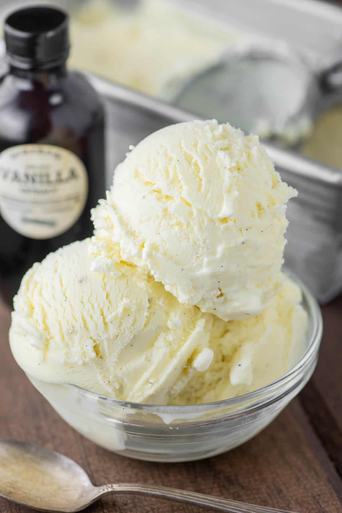 3 scoops of vanilla bean ice cream in bowl