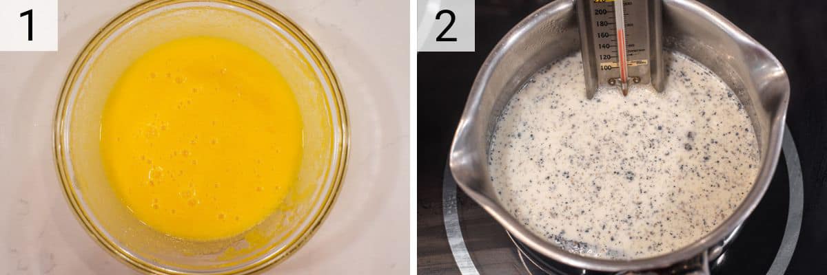 process shots of whisking egg yolks with sugar and heating up cream and milk with vanilla bean