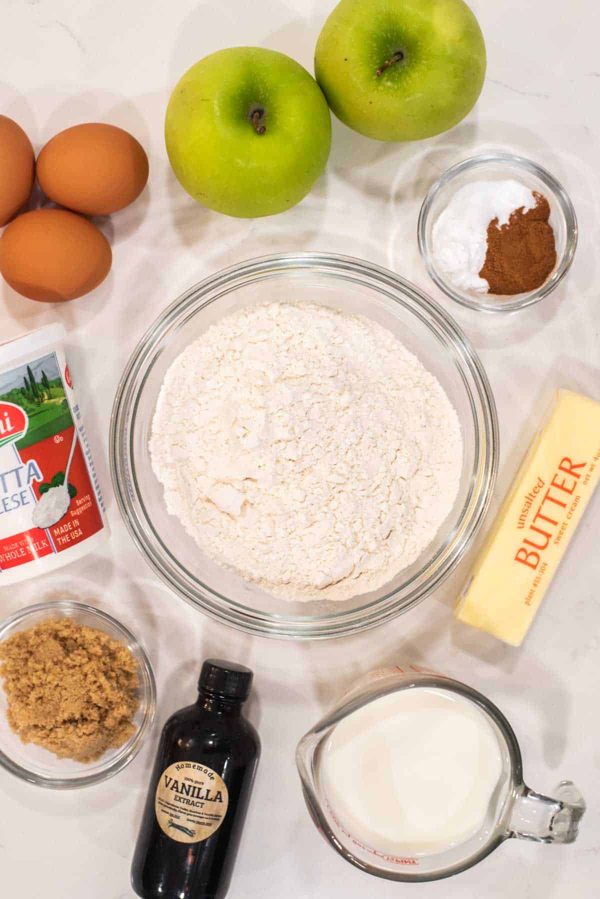 overhead shot of ingredients for apple ricotta pancakes