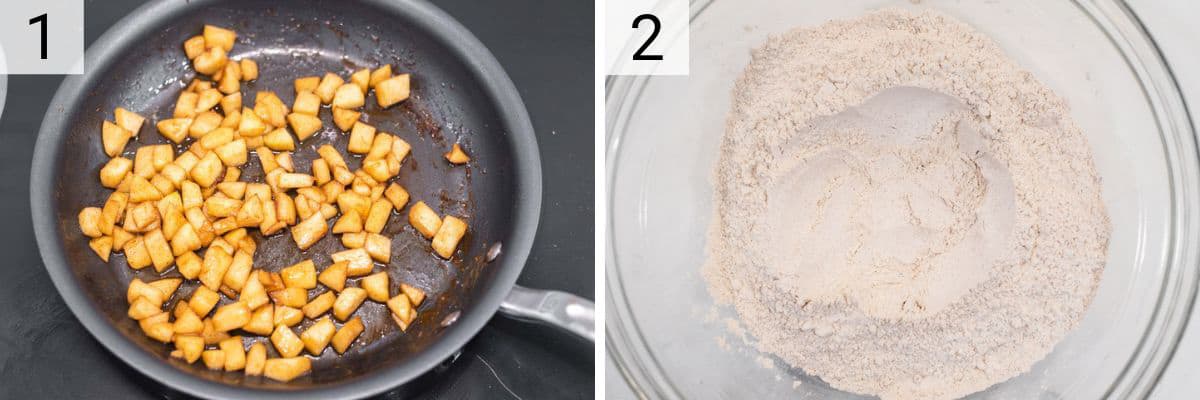 process shots of cooking apples and mixing dry ingredients in bowl