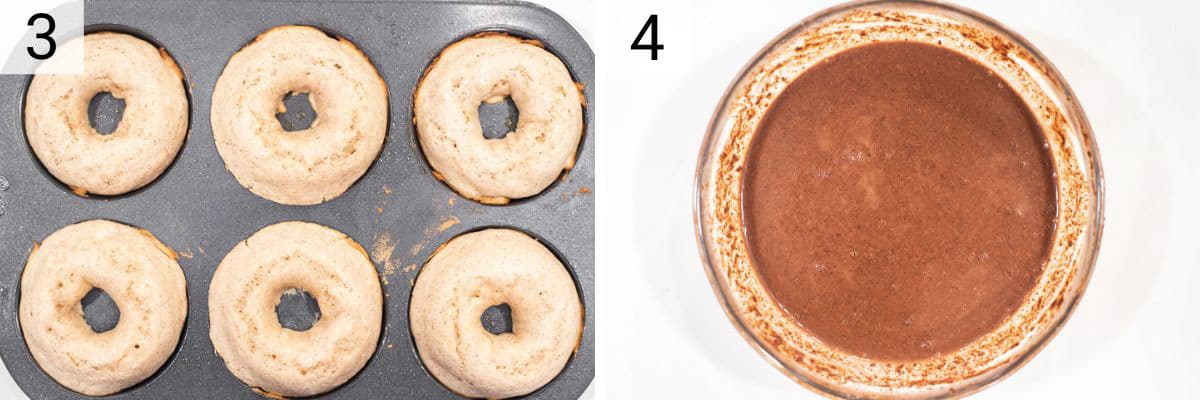 process shots of baking donuts and making chocolate dipping sauce