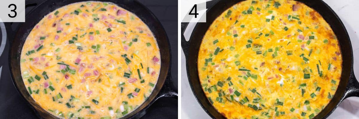 process shots of adding egg mixture to skillet and then baking