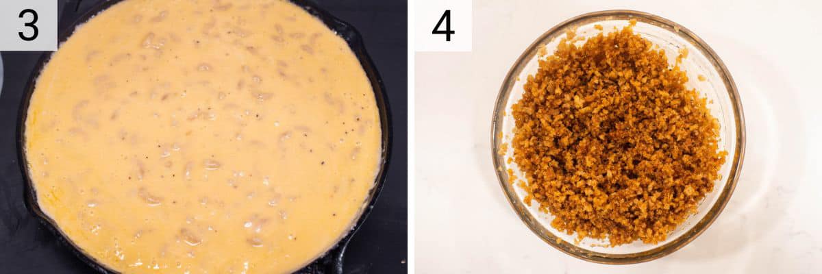 process shots of adding cheese and pasta to skillet while making breadcrumb topping