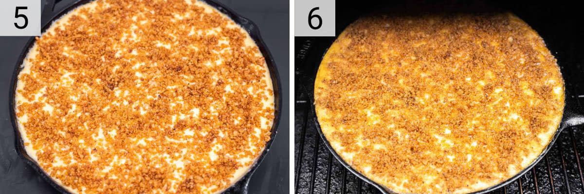 process shots of adding breadcrumb topping to skillet and smoking