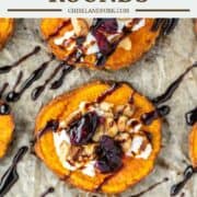 overhead shot of sweet potato rounds with goat cheese, walnuts, cranberries and balsamic vinegar