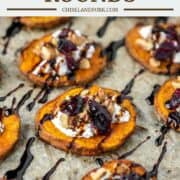 close-up of sweet potato rounds with goat cheese, walnuts, cranberries and balsamic vinegar