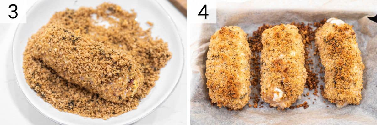 process shots of dipping chicken in Panko breadcrumbs and baking on sheet pan