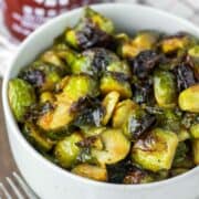 close-up of honey sriracha brussels sprouts in bowl