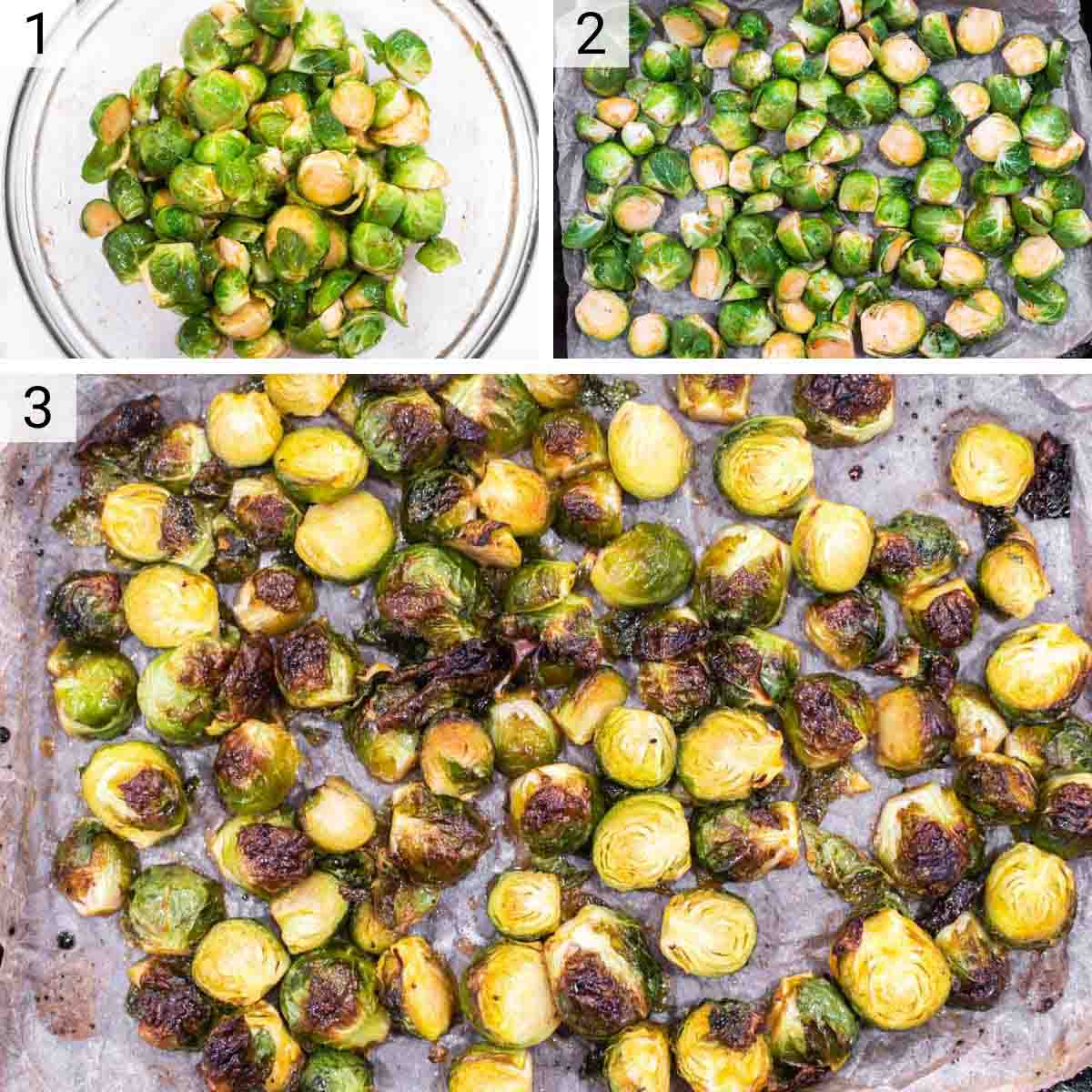 process shots of mixing Brussels sprouts with the ingredients and roasting in a pan